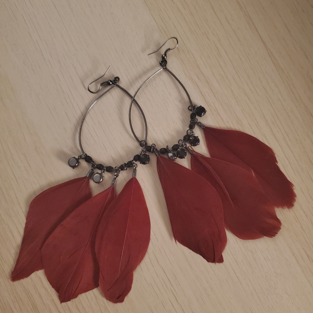 Teardrop Hoop Feather Earrings